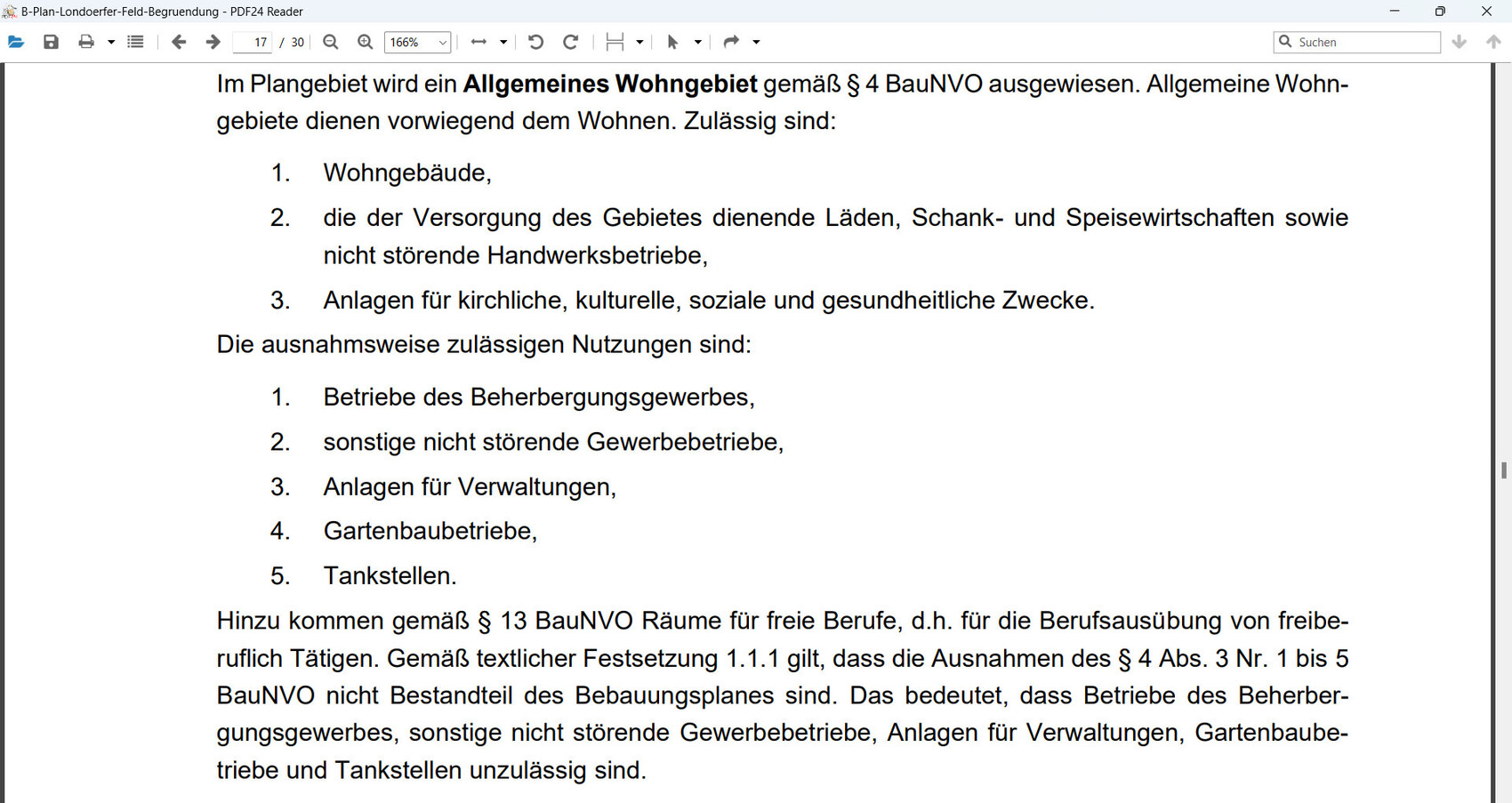 PDF-Seite mit Plantext zum Allgemeinen Wohngebiet und Aufzählungen zulässiger Nutzungen.