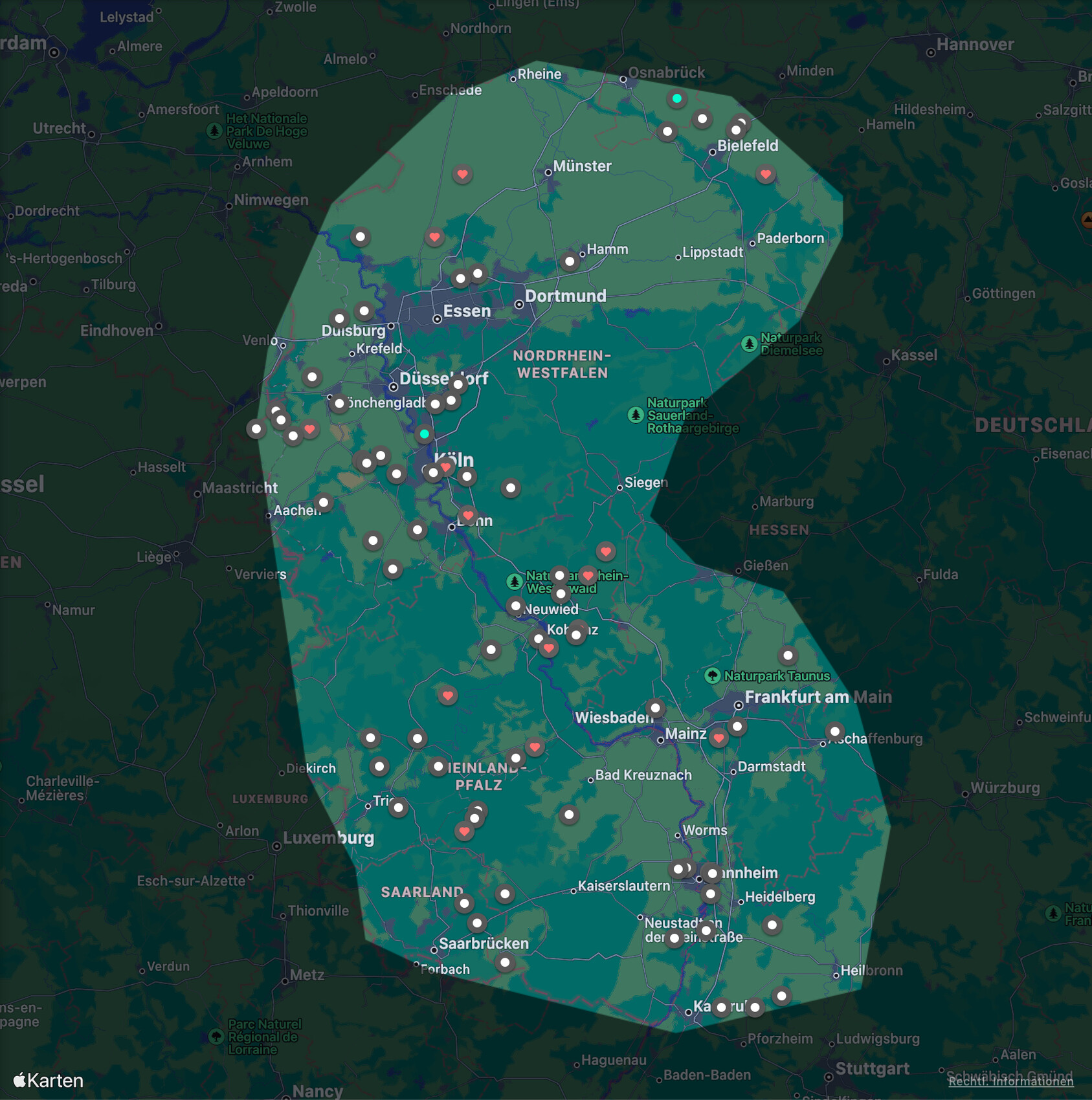 Deutschlandkarte mit türkisfarbenem Polygonüberzug und vielen Markern (Kreise, Pins).