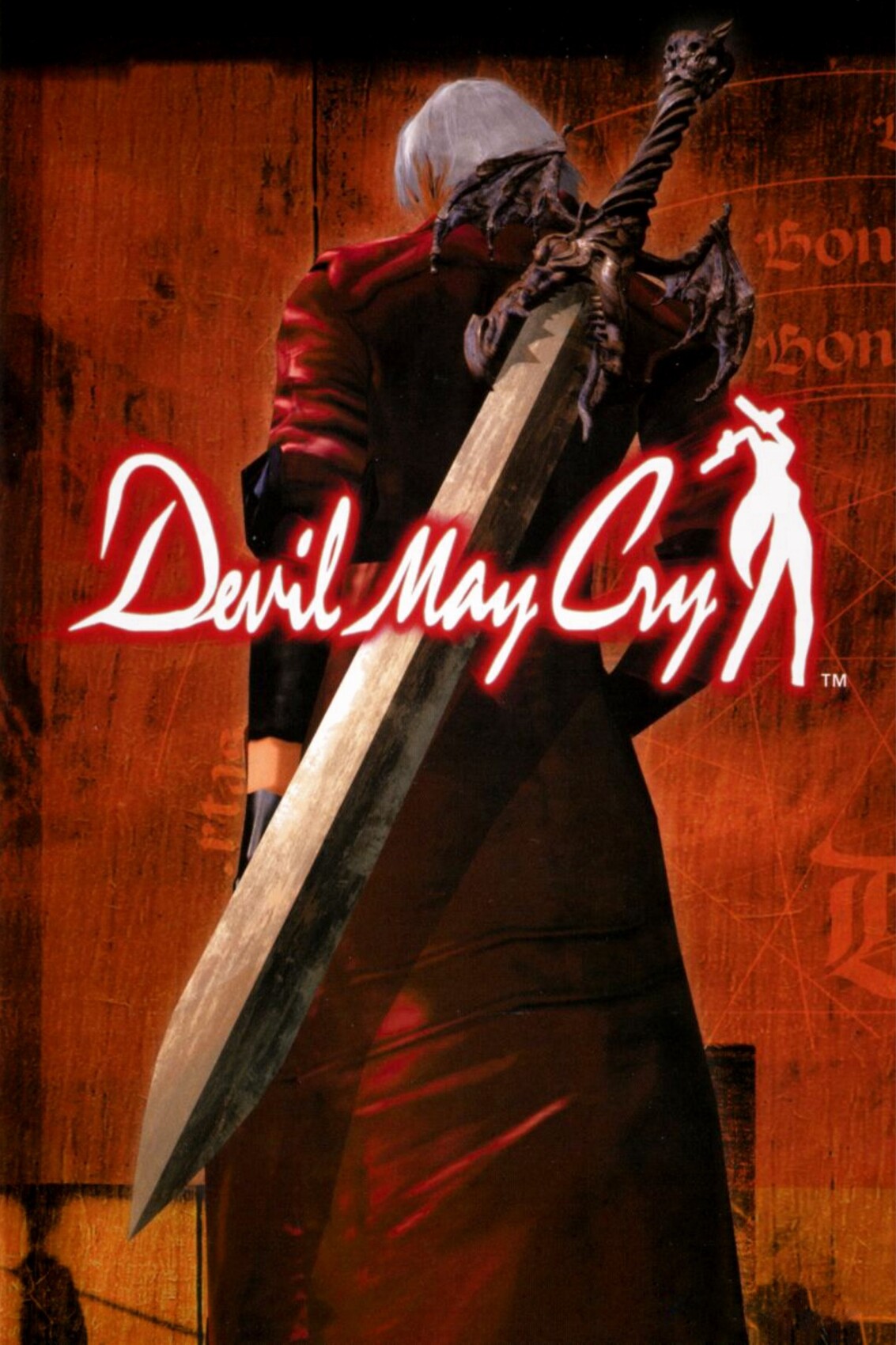Figur mit riesigem Schwert, weißem Haar und rotem Mantel vor dem Devil May Cry-Logo.