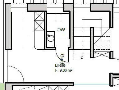 Grundrissausschnitt zeigt Diele, Treppenbereich und WC eines Eingangsraums