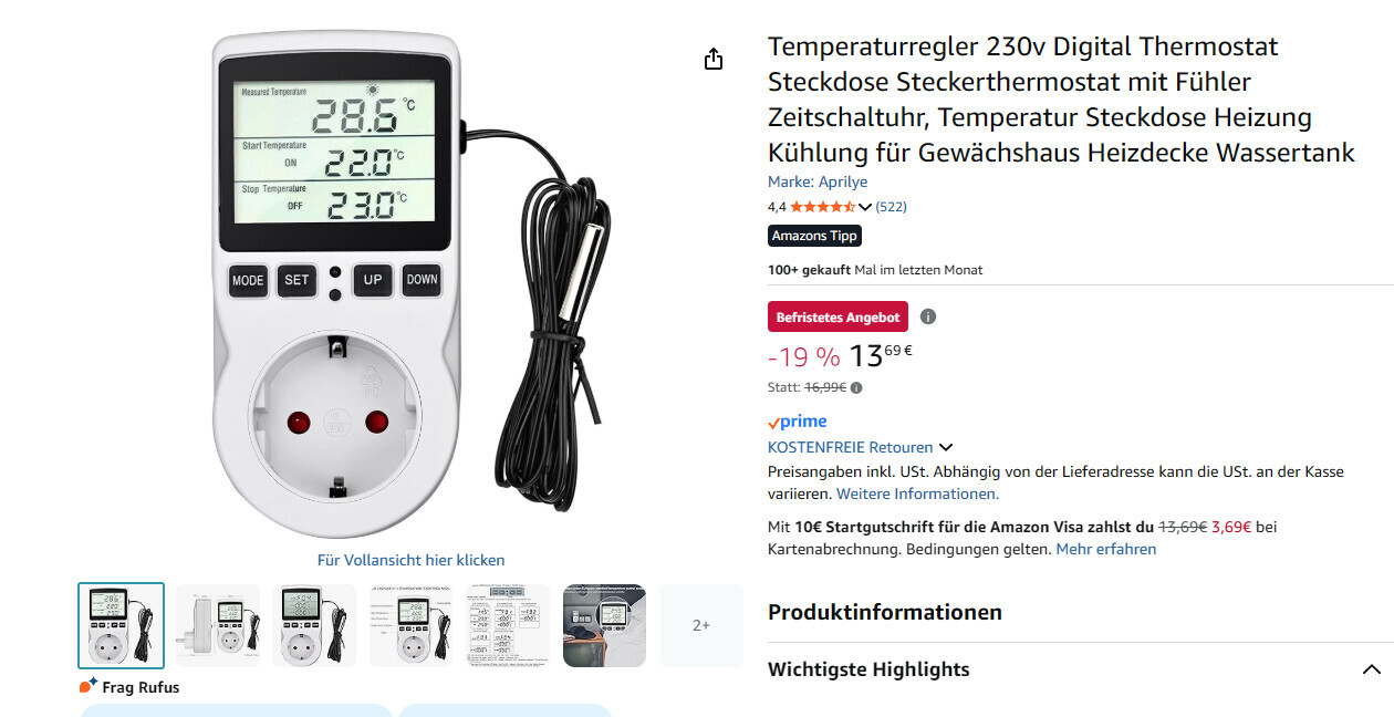 Digitaler 230V Thermostat-Stecker mit Display und Kabel