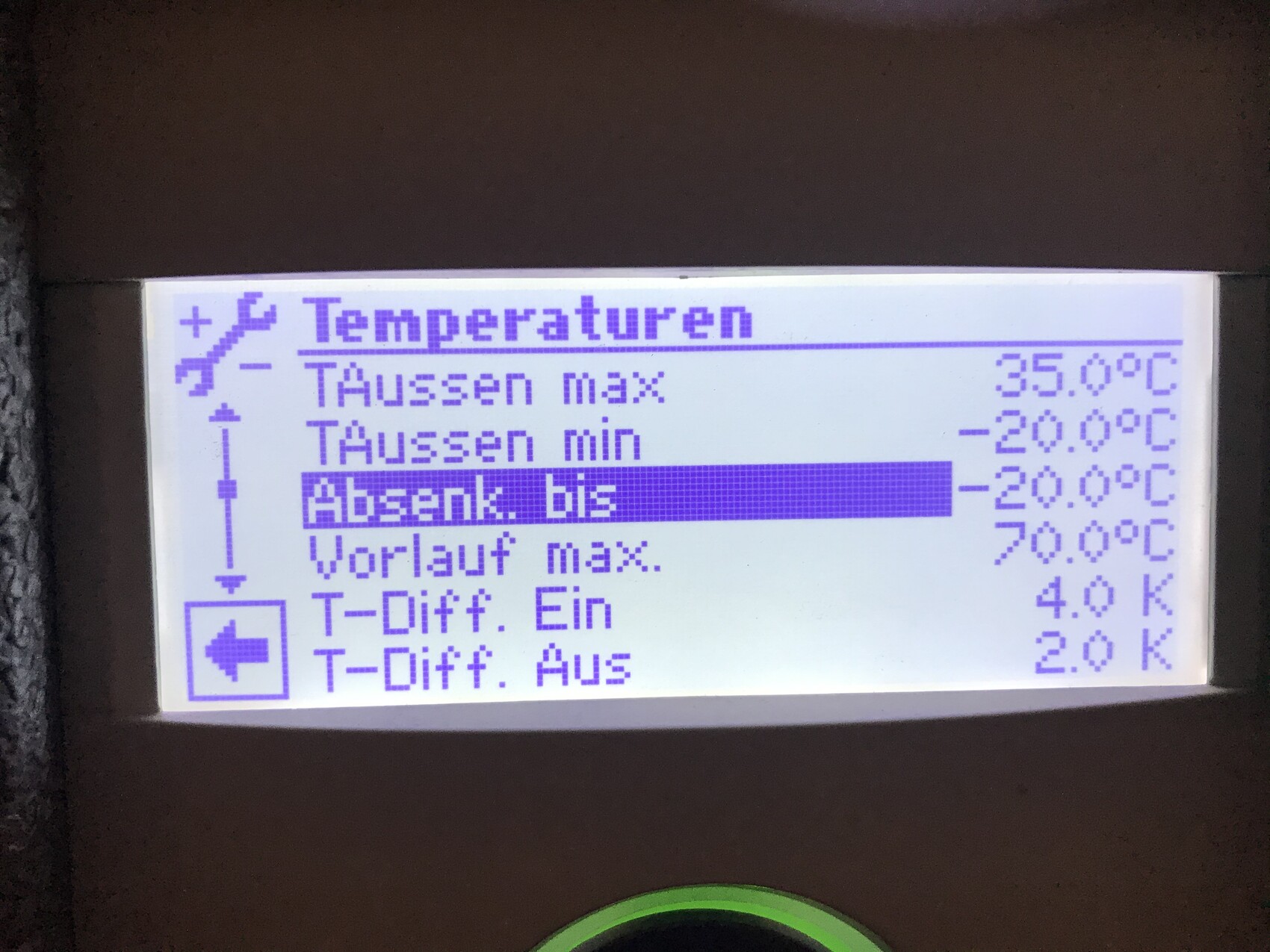 Bildschirm: Temperaturmenüs; Außen max 35°C, min -20°C, Absenk -20°C; Vorlauf max 70°C; T-Diff 4/2K