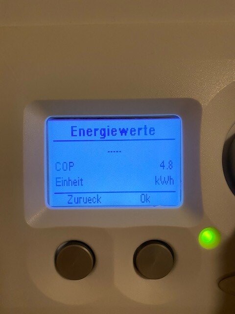 Energiemessgerät mit blauem Display zeigt COP 4,8 und Einheit kWh; grüne LED leuchtet.