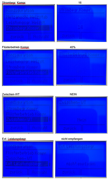 Collage mehrerer blauer Displays mit Menüoptionen zu Konfiguration und Strombegrenzung.