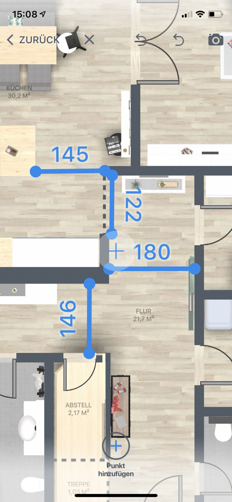 Grundriss einer Wohnung mit blauer Route und Raumgrößen in m² (Top-Down)