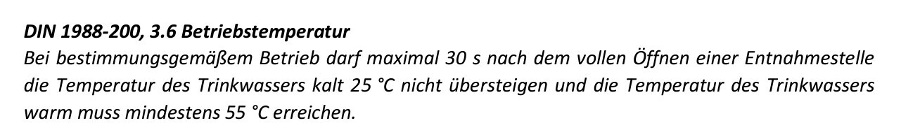 Texttafel mit DIN 1988-200 Hinweis zur Betriebstemperatur im Betrieb (Fließtext)