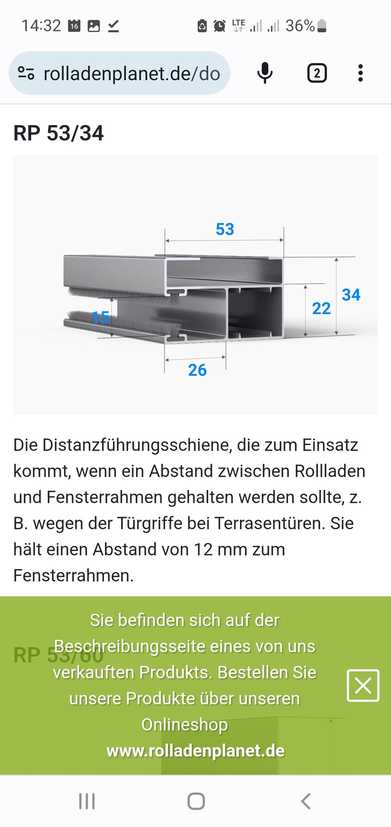 Querschnitt einer Distanzführungsschiene (53×34 mm) für Rollladen.
