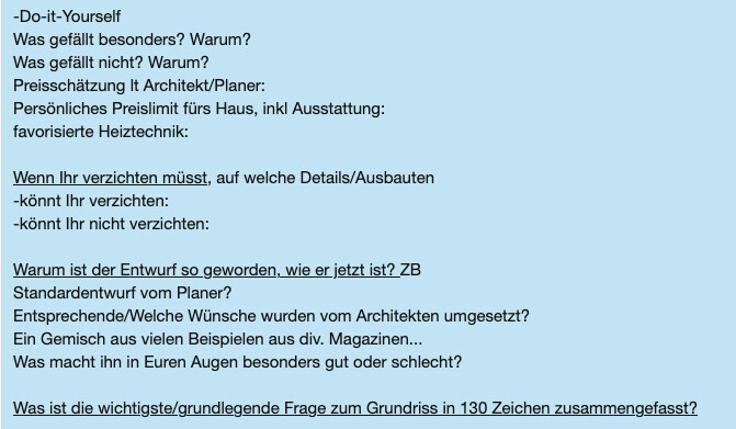 Blauer Hintergrund mit Do-it-Yourself-Fragenbogen-Text zur Architekturplanung