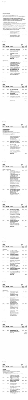 Scan eines langen Textdokuments mit Tabellen und Positionen, vermutlich eine Rechnung