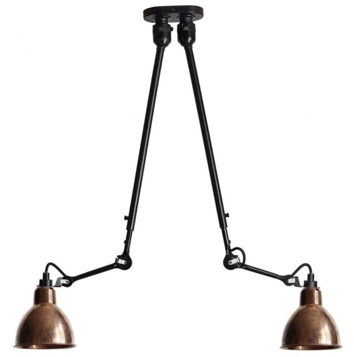 Doppel-Pendellampe mit schwarzen Armen und kupferfarbenen Lampenschirmen, Deckenmontage