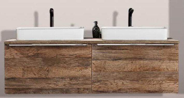 Doppel-Waschtisch aus Holzoptik mit zwei Becken und schwarzen Armaturen