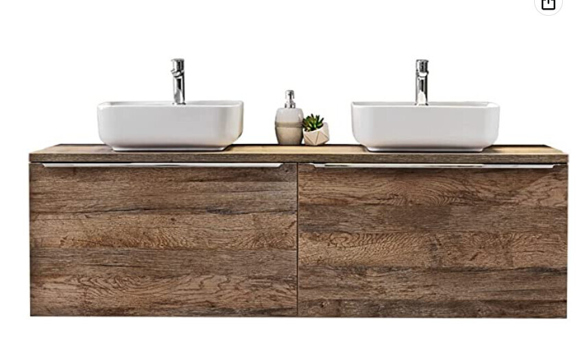 Doppelwaschtisch aus Holz mit zwei Becken und Armaturen