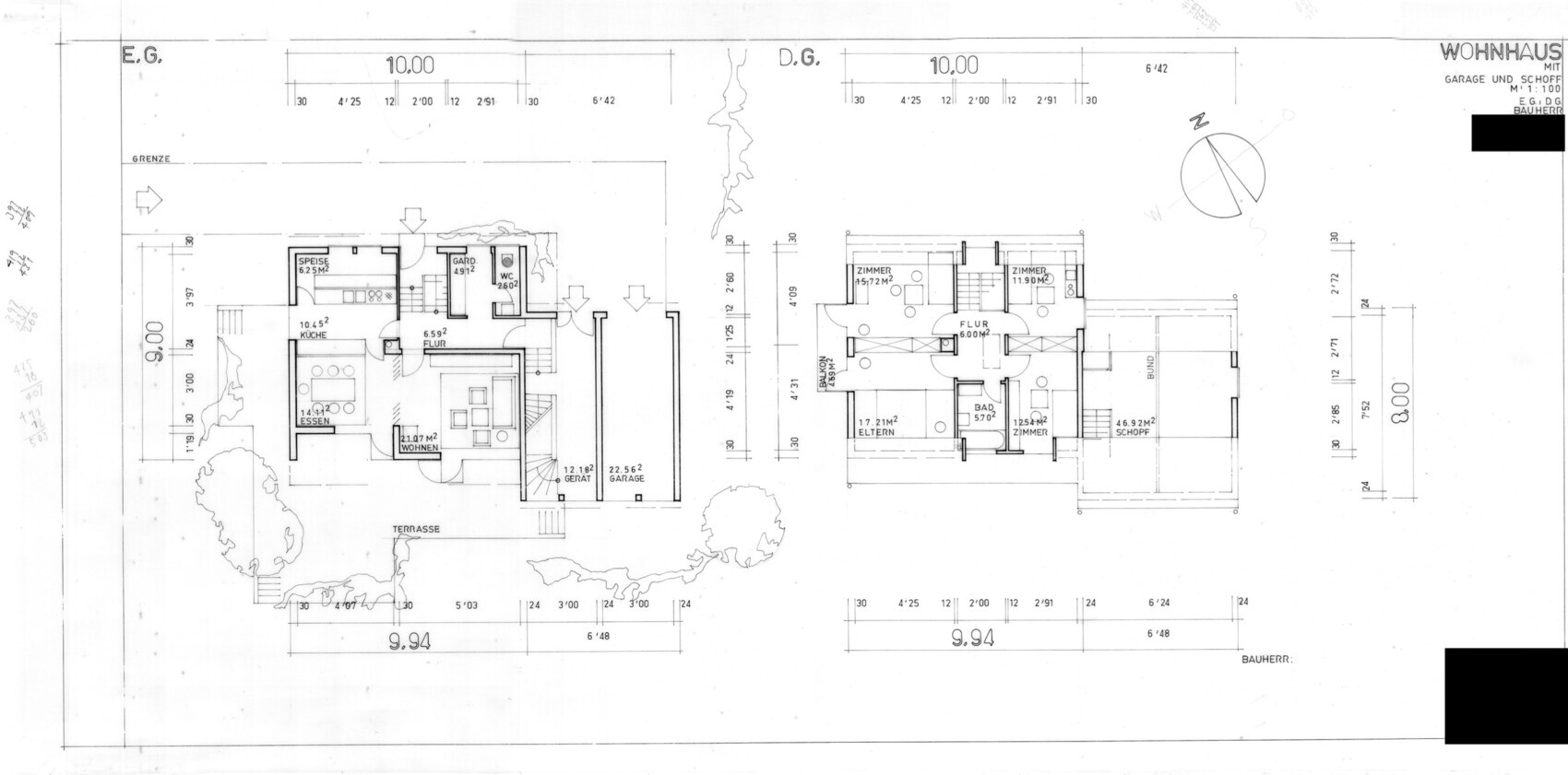Grundriss eines zweigeschossigen Hauses: EG mit Küche, Essen, Wohnen; DG mit Zimmern.