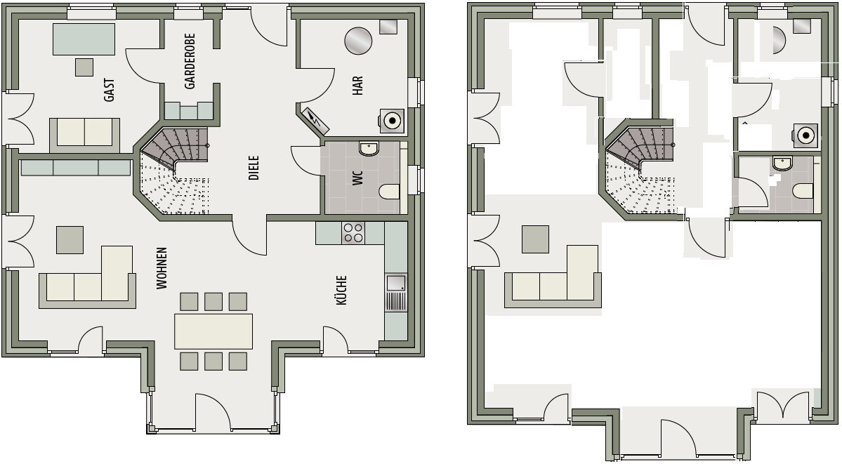 Grundriss eines zweigeschossigen Hauses: Wohnzimmer, Küche, Flur, WC, Garderobe und Treppe.