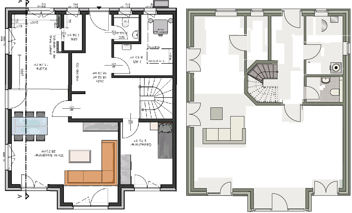 Zweistöckiger Grundriss: links Küche, Esszimmer, Wohnzimmer; rechts offener Wohnbereich mit Treppe.