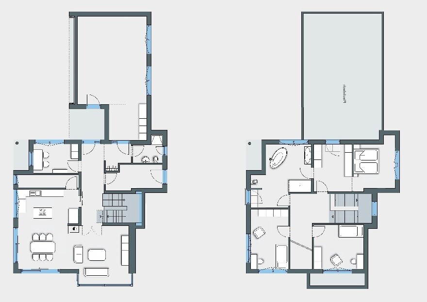 Zwei Grundrisse eines Hauses: links Erdgeschoss mit Küche und Wohnen; rechts Obergeschoss mit Schlafzimmern