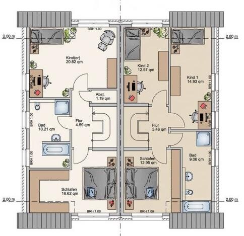 Doppelhaus-Grundriss mit Schlafzimmern, Kinderzimmern und Bädern