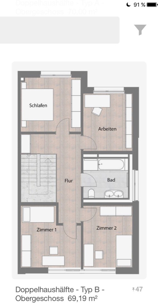 Grundriss Obergeschoss: Flur verbindet Schlafen, Arbeiten, Bad, Zimmer 1 und Zimmer 2.