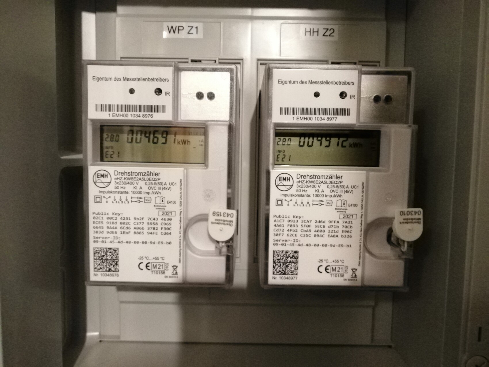 Zwei digitale Stromzähler nebeneinander in einem Schaltschrank, Displays zeigen kWh-Werte.