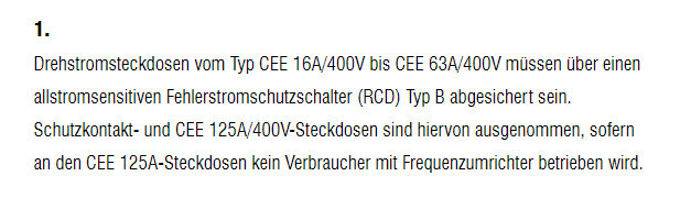 Sicherheitshinweis: Drehstromsteckdosen (CEE 16A-63A, 400V) benötigen RCD Typ B.