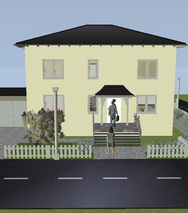 Zweistöckiges gelbes Haus mit dunklem Dach und Vordach; zwei Personen stehen vor dem Eingang.