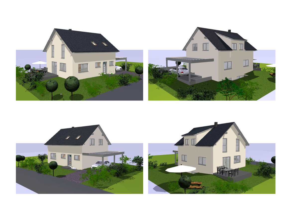 Vier Ansichten eines hellen Einfamilienhauses mit Garten, Carport und Terrasse.