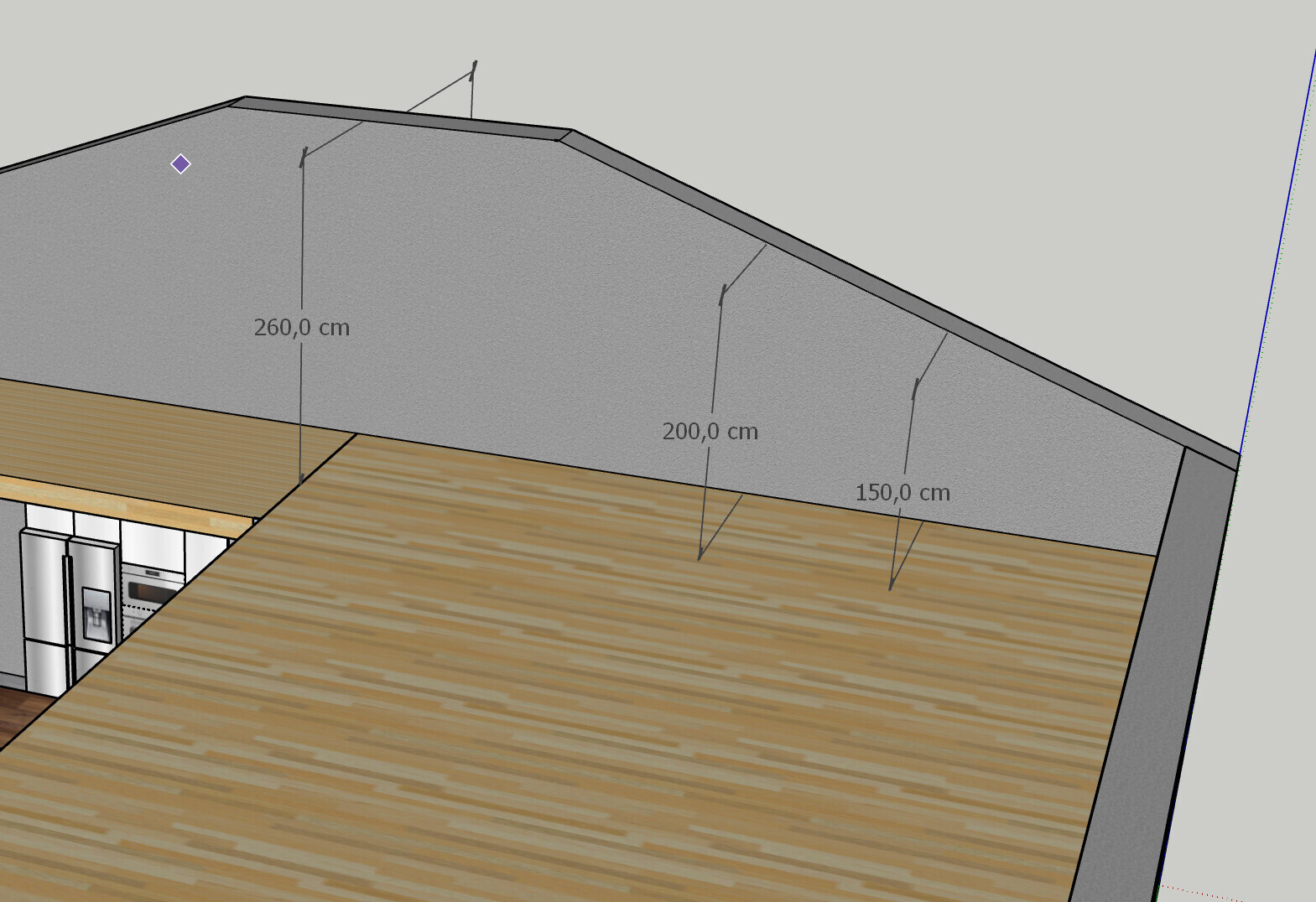 3D-Schnitt eines Innenraums mit Holzboden, linke Küchenzeile, geneigtes Dach, cm-Maße.