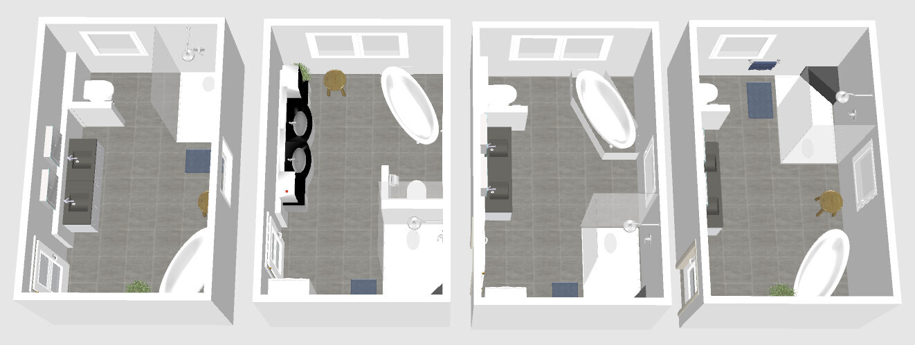 Vier Badezimmergrundrisse als Collage mit Badewanne, Dusche und Waschbecken.