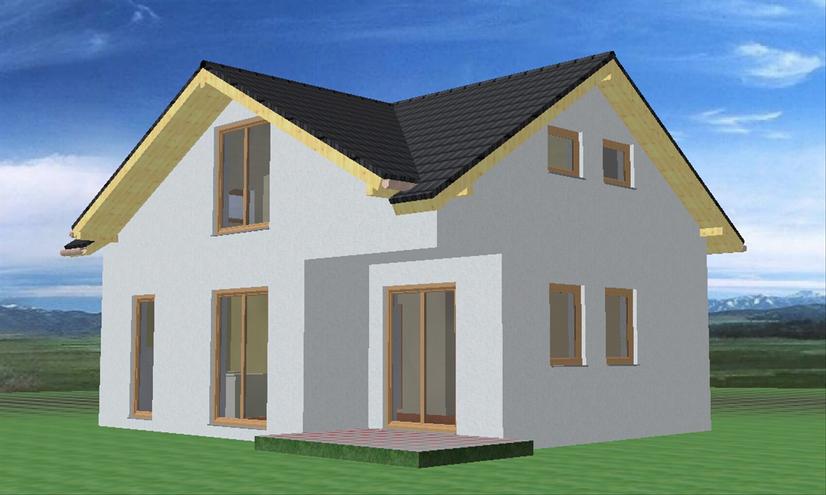 3D-Modell eines modernen Einfamilienhauses mit grauer Fassade, Holzfenstern und Terrasse.