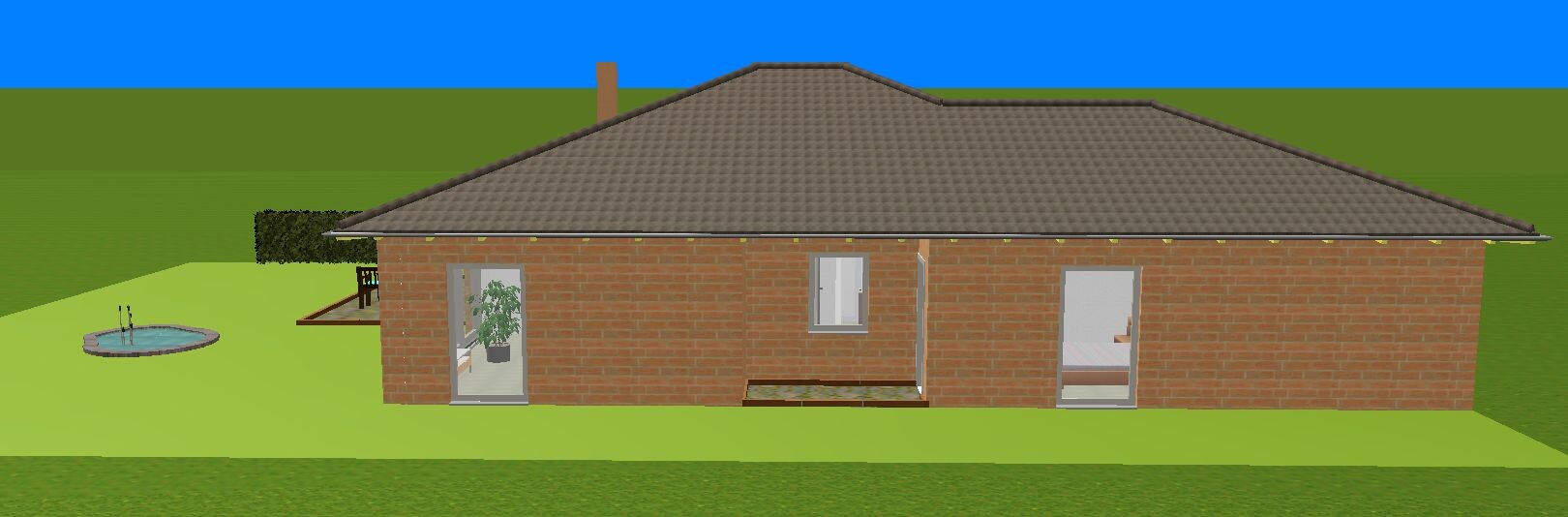 Einfamilienhaus aus Backstein mit braunem Dach, Glas-Türen links und rechts, runder Pool im Garten.