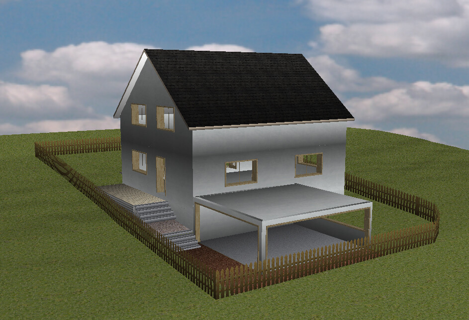 Zweistöckiges Modellhaus mit Carport, Holzzaun, grasgrüne Umgebung, Wolkenhimmel