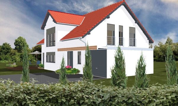 Weiße zweigeschossige Villa mit rotem Ziegeldach, großen Fenstern und Garten.