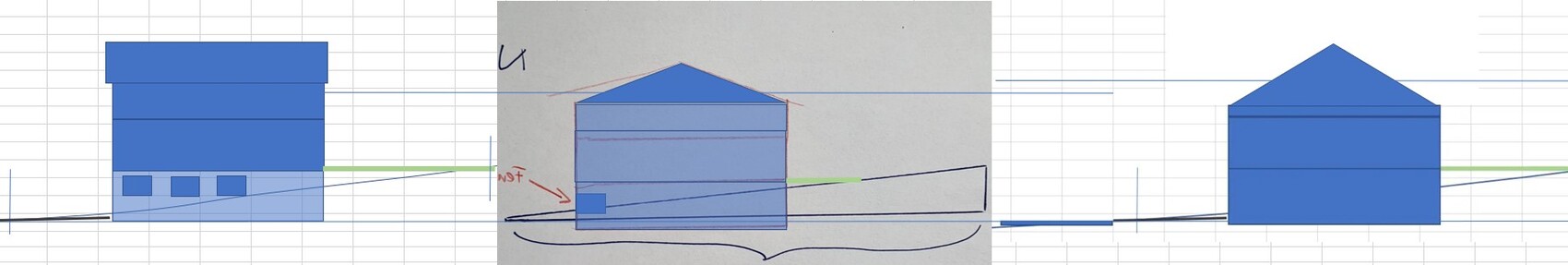 Drei blaue Gebäudeskizzen auf Raster: links Block, Mitte Haus mit Dach, rechts Haus.