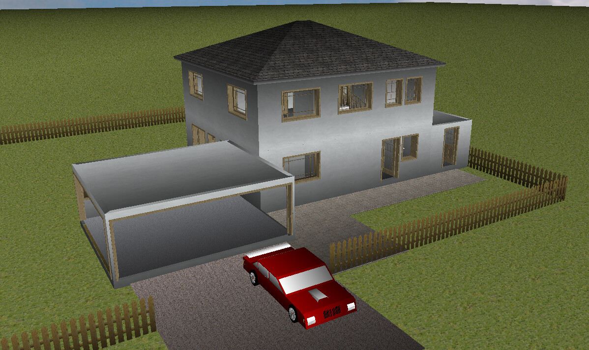Zweistöckiges Haus mit Carport, rotem Auto davor und umzäuntem grünem Grundstück.