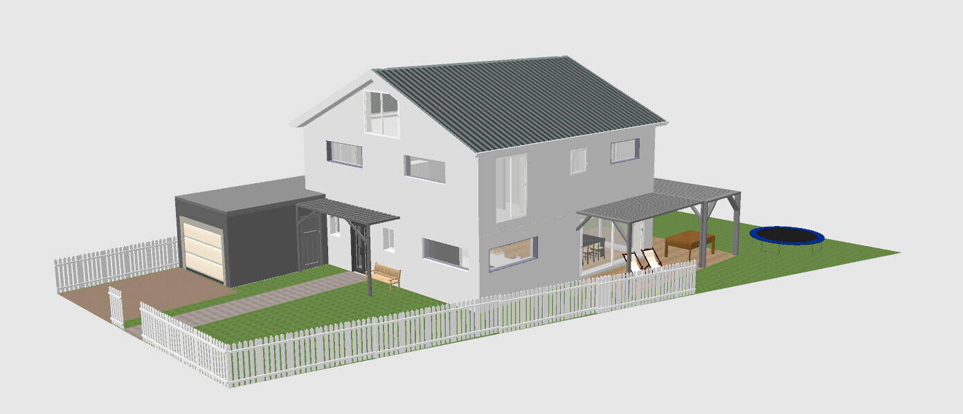 3D-Model eines zweigeschossigen Hauses mit Garage, Garten, Terrasse und Zaun
