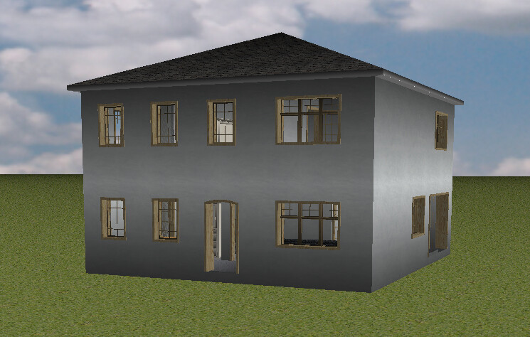 Zweistöckiges graues Haus mit vielen Fenstern und offener Eingangstür steht auf grünem Gras.