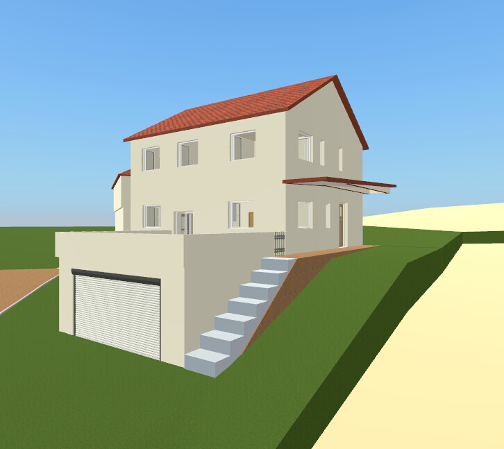 Dreidimensionales Modell eines zweistöckigen Hauses mit Garage und Treppe.