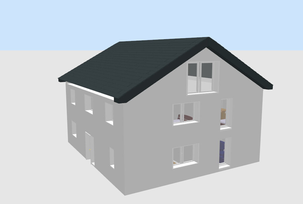 3D-Modell eines grauen Hauses mit dunklem Satteldach und vielen Fenstern.
