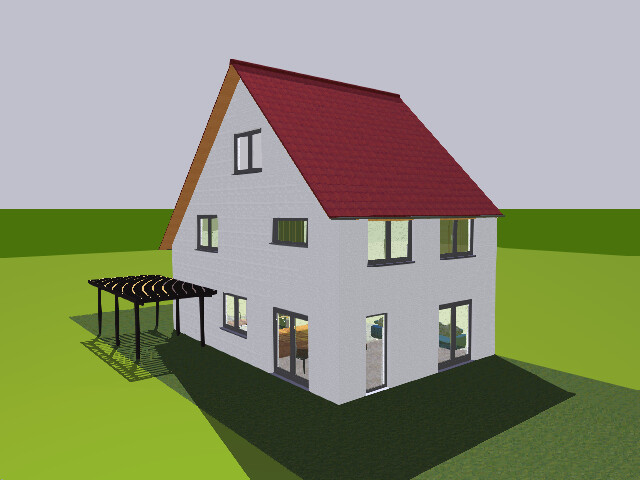 Zweistöckiges Haus aus weißem Putz mit rotem Satteldach, Fenstern und linker Pergola.