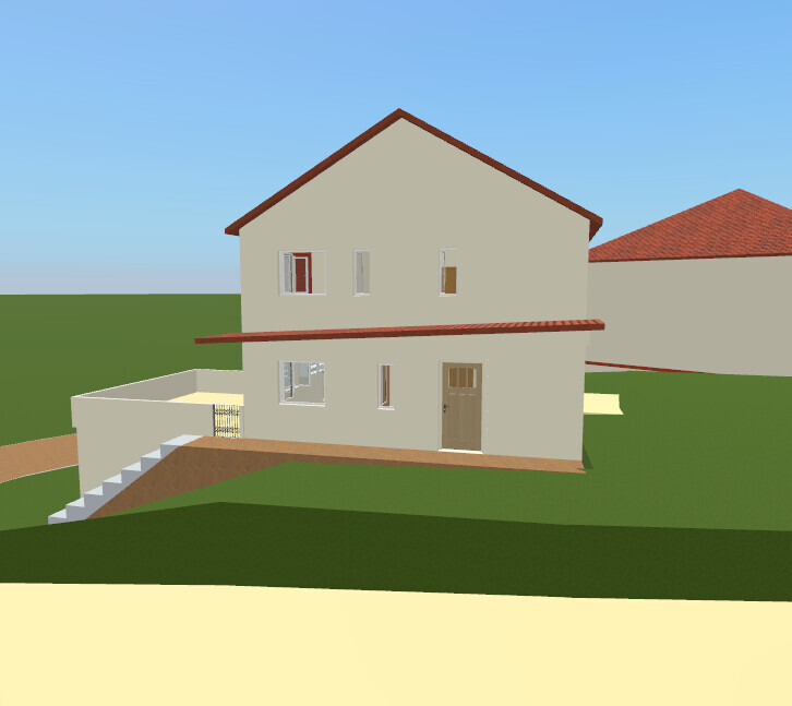 Zweistöckiges beiges Haus mit rotem Dach und Treppe auf grünem Grundstück.