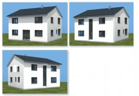 Drei Ansichten eines weißen zweigeschossigen Hauses mit grauem Dach als 3D-Render