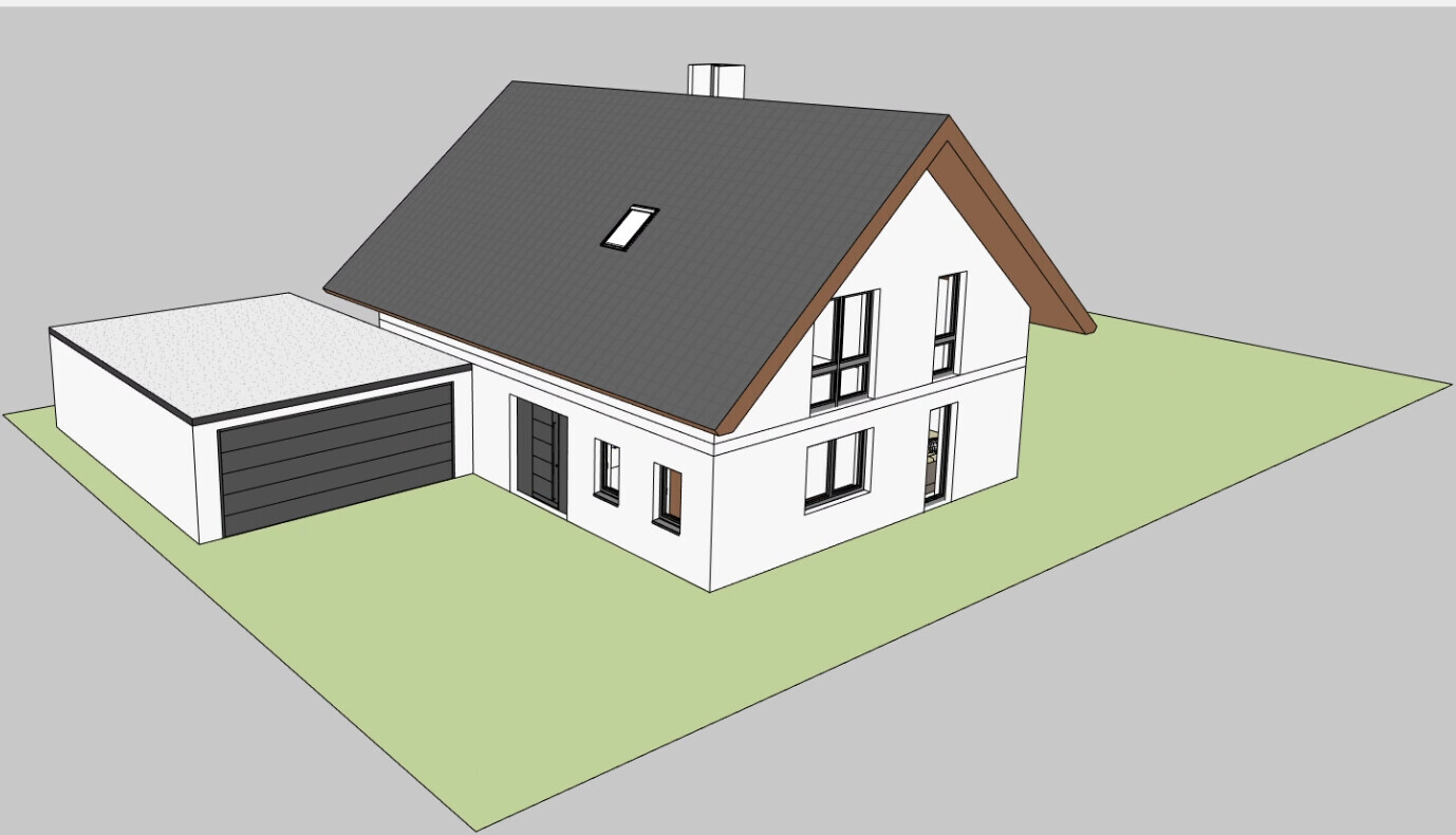 Modernes Einfamilienhaus mit grauem Satteldach, weißer Fassade, angebaute Garage und Grünfläche.