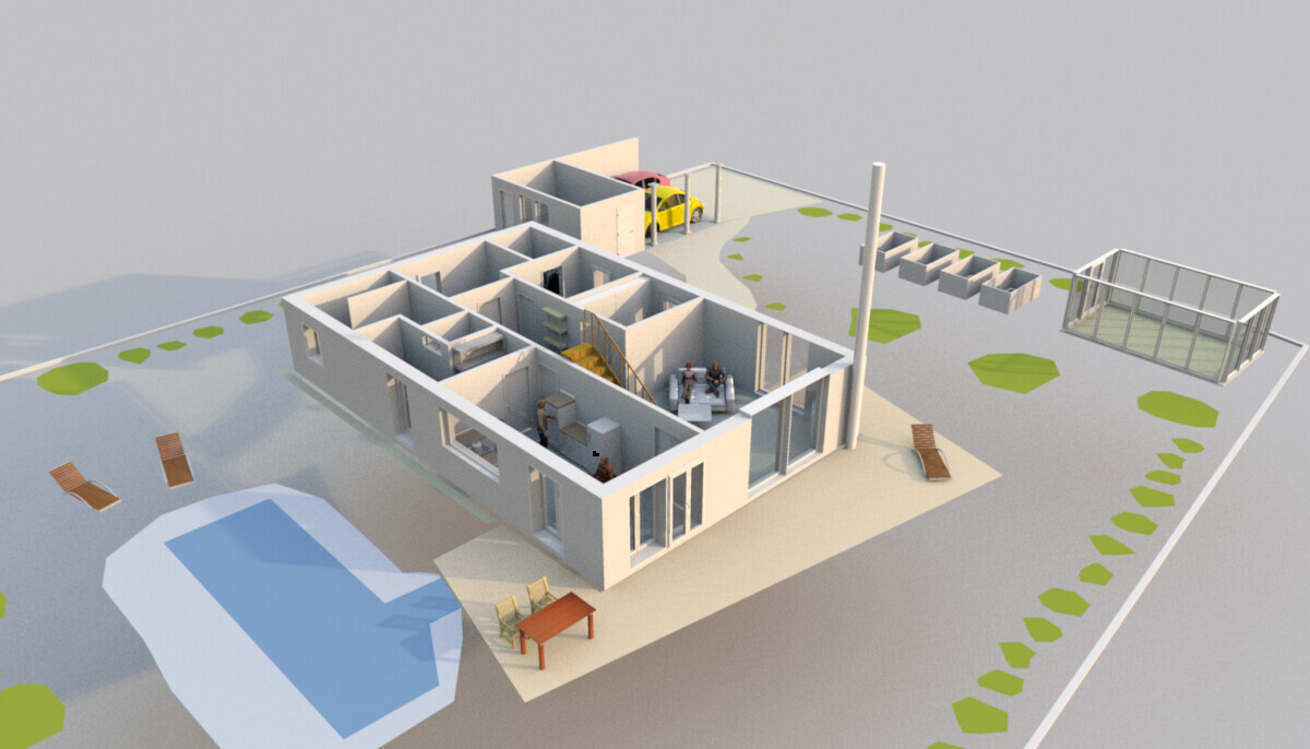 3D-Modell eines modernen Einfamilienhauses, Innenräume sichtbar, Terrasse und Pool.