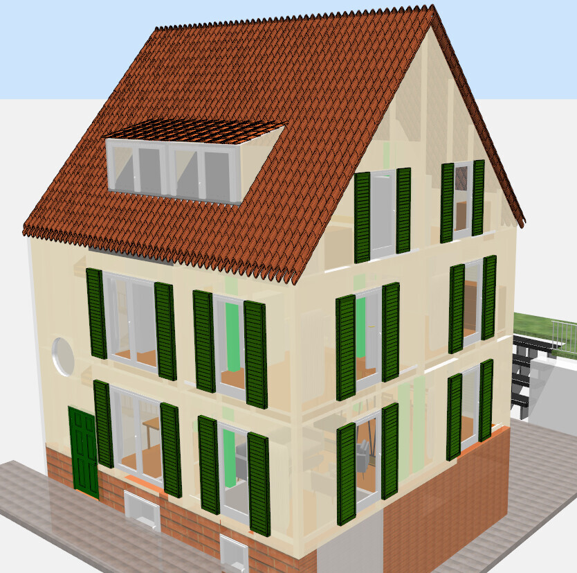 3D-Haus mit rotem Ziegeldach und grünen Fensterläden, mehrstöckig.