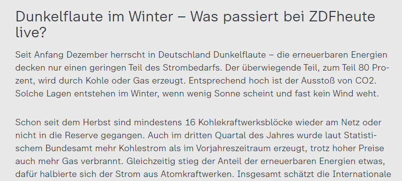 Screenshot einer Nachrichtenwebseite mit dem Titel Dunkelflaute im Winter und Fließtext.