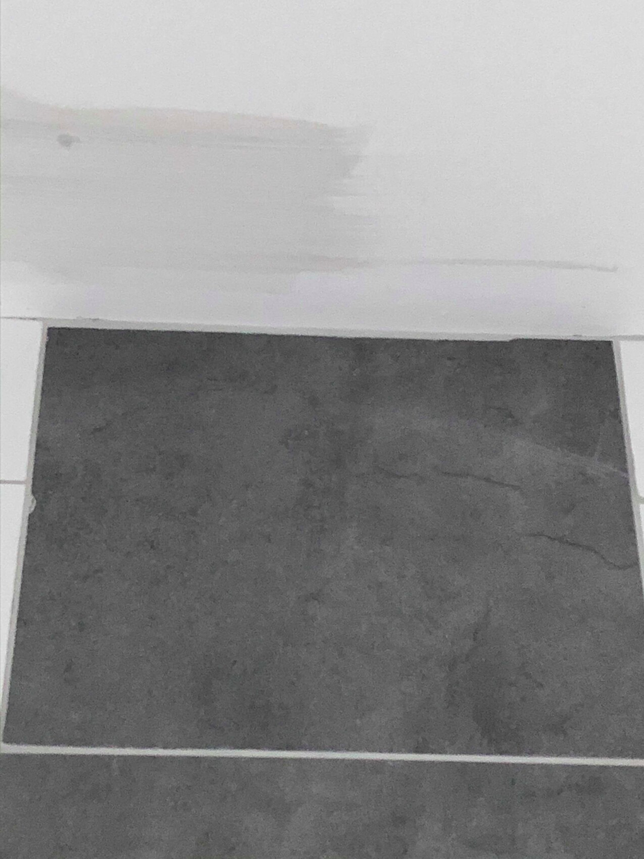 Dunkler rechteckiger Teppich auf hellgrauem Fliesenboden vor weißer Wand.