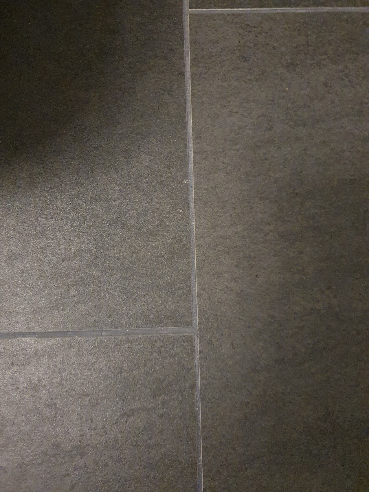 Große, graue Bodenfliesen mit sichtbaren Fugen und einer leicht strukturierten Oberfläche.