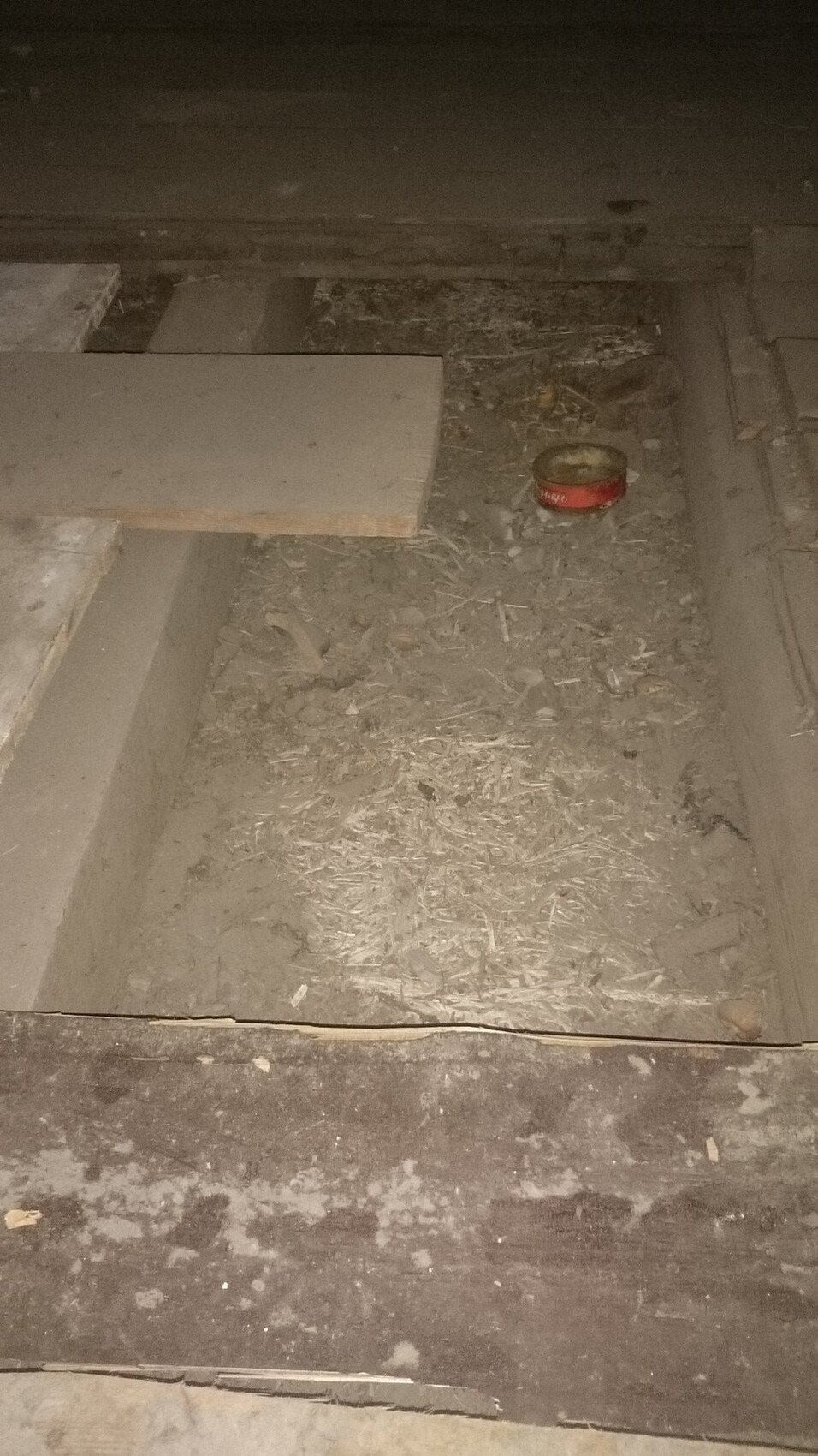 Dunkler Dachboden mit Staub, Holzbalken und Schutt; roter Metalldeckel liegt auf dem Boden