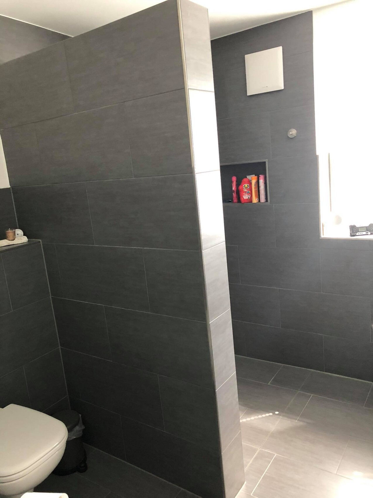Dunkles Badezimmer mit grauen Fliesen, Trennwand, WC links und Nische mit Pflegeprodukten.