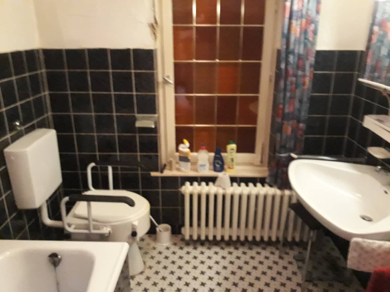 Badezimmer mit Toilette links, Waschbecken rechts, schwarze Fliesen, Fensterbank mit Reinigungsmitteln